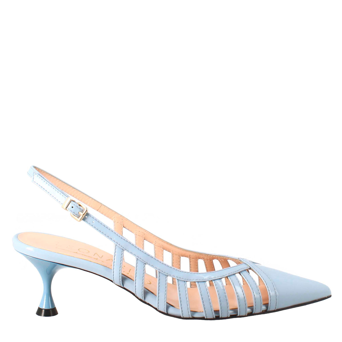 Women's décolleté in light blue patent leather with pointed toe
