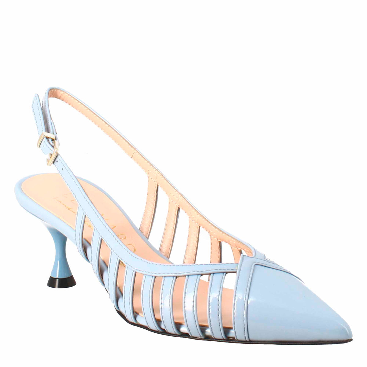 Women's décolleté in light blue patent leather with pointed toe