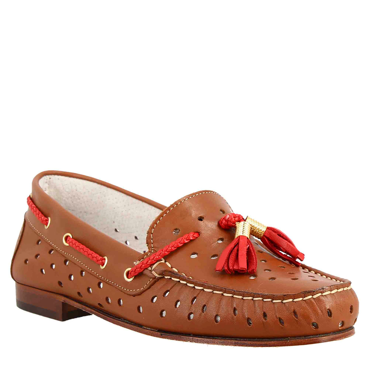 Classic women's loafers handmade in perforated brown leather 