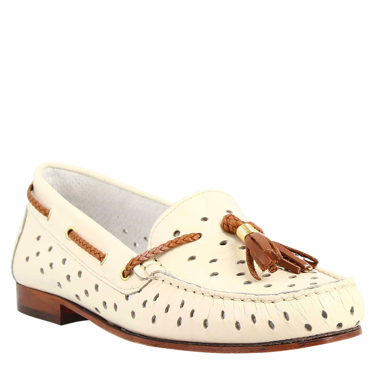 Classic women's loafers handmade in cream white perforated leather 