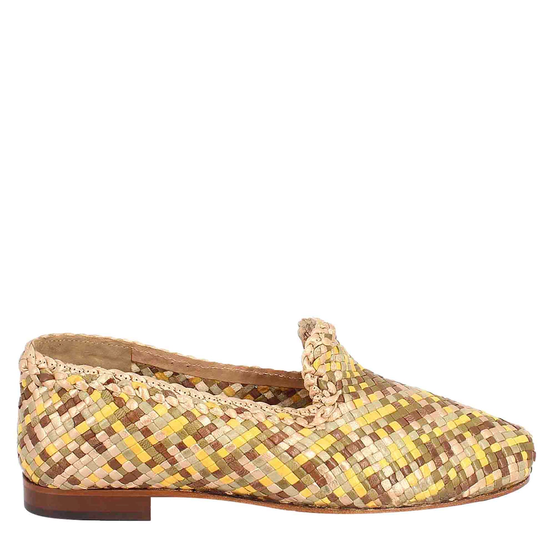 Handmade women's moccasins in yellow, green and brown braided leather