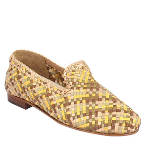 Handmade women's moccasins in yellow, green and brown braided leather