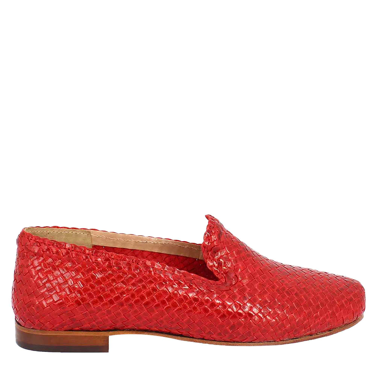 Handmade women's moccasins in red woven leather 