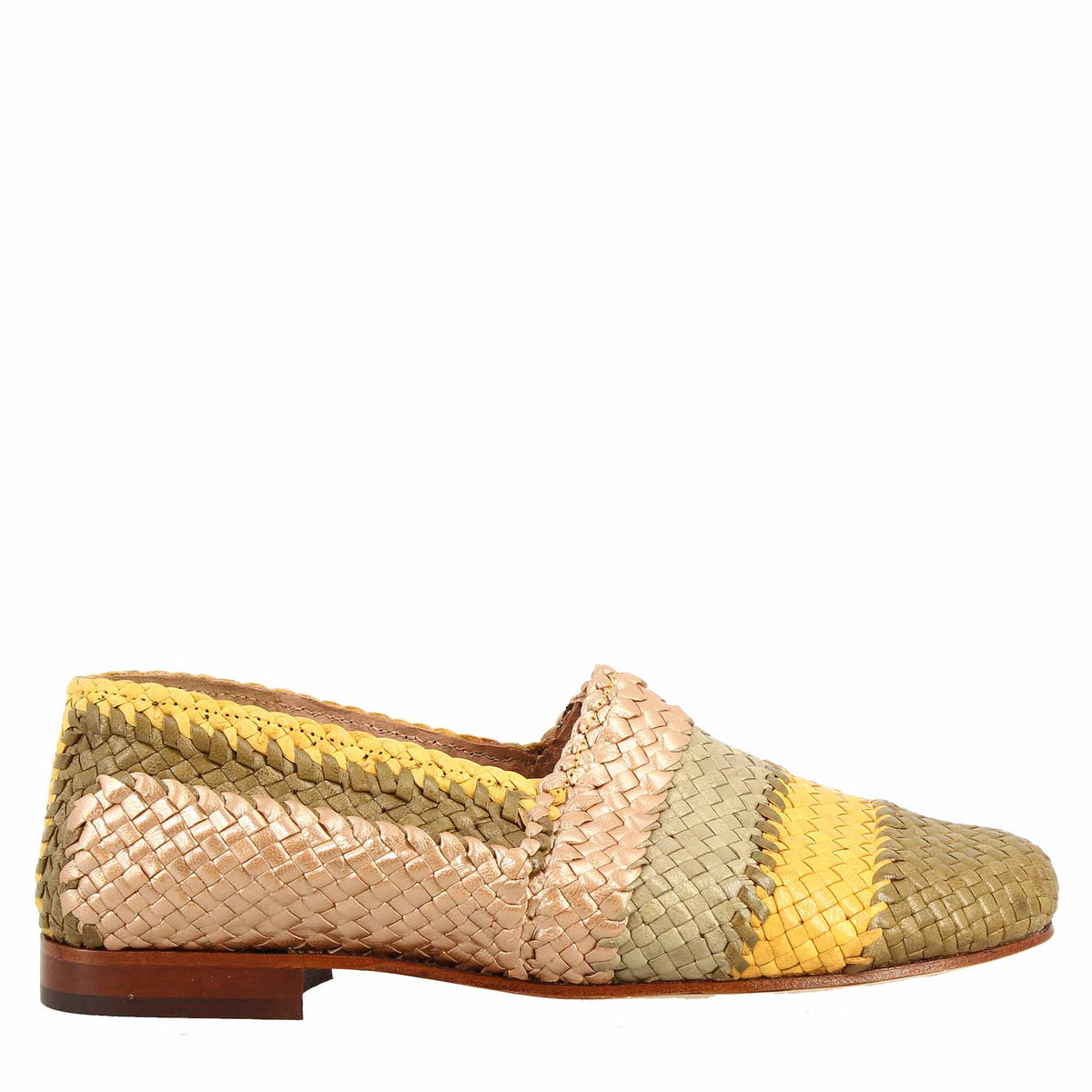 Handmade women's moccasins in green, yellow and beige woven leather 