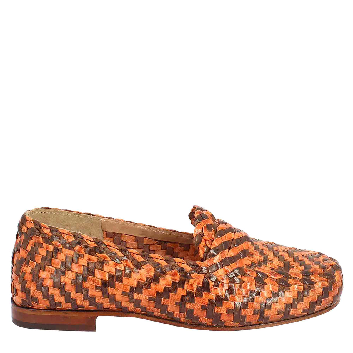 Women's moccasins in brown and orange woven leather