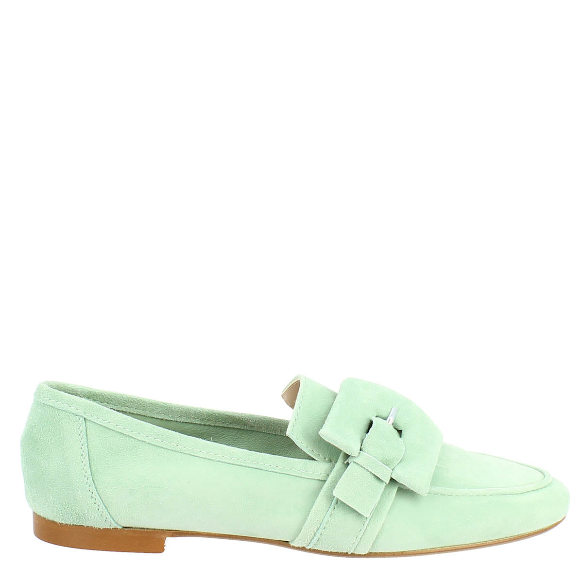 Women's moccasin in mint-colored suede.