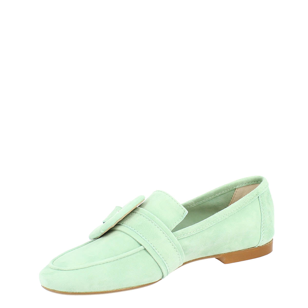 Women's moccasin in mint-colored suede.