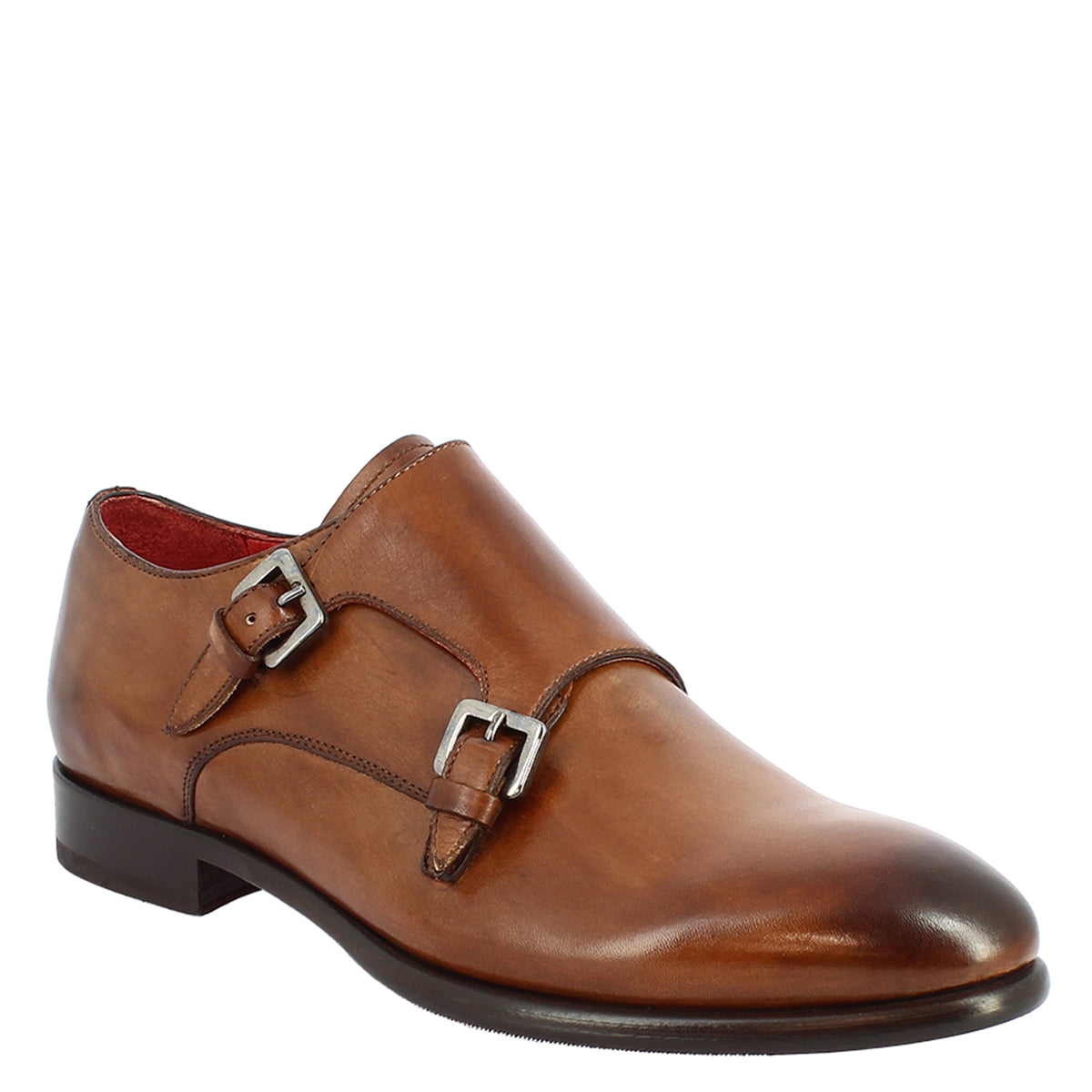 Men's double buckle shoes in brandy leather handmade