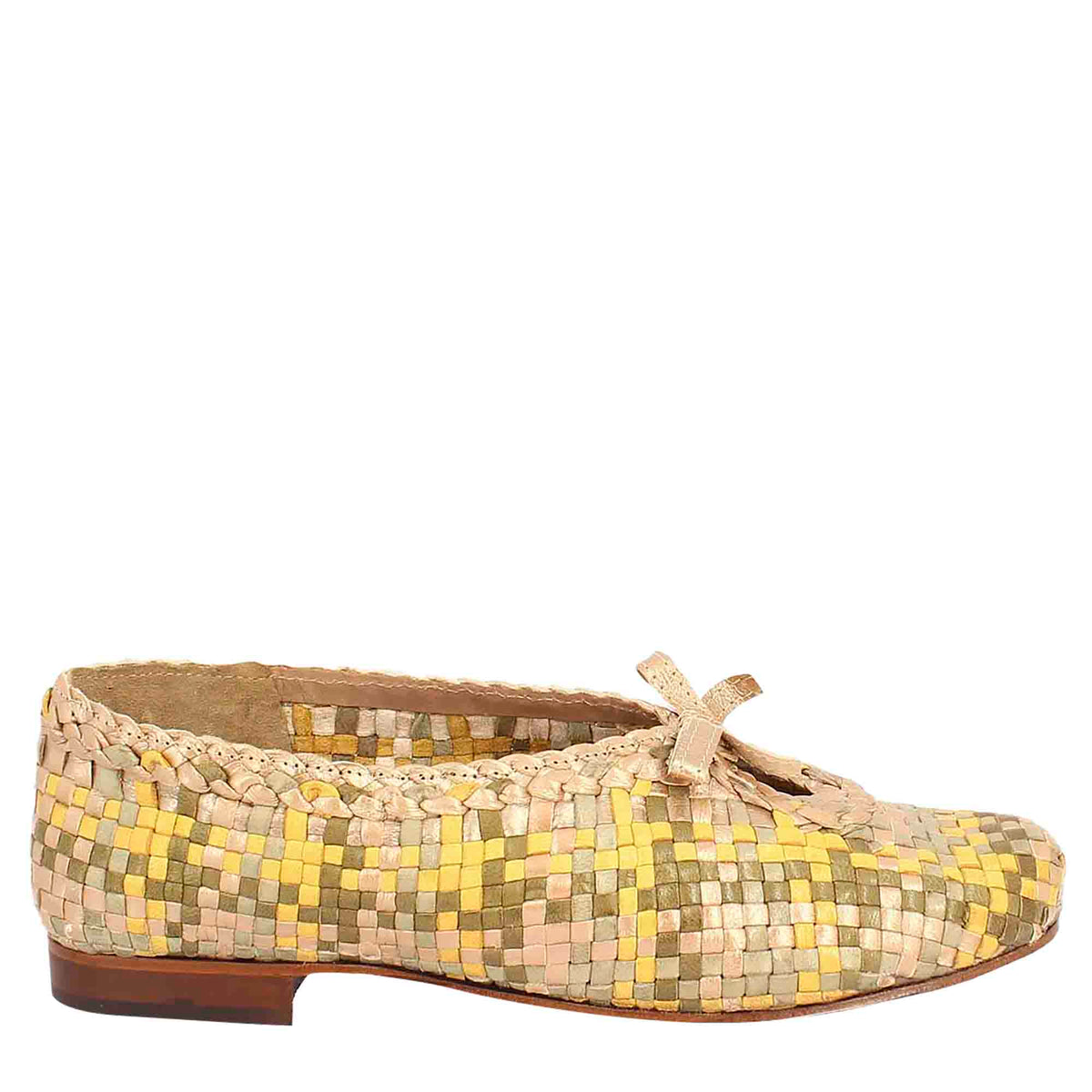 Women's handmade slip-on loafers in beige green and yellow woven leather