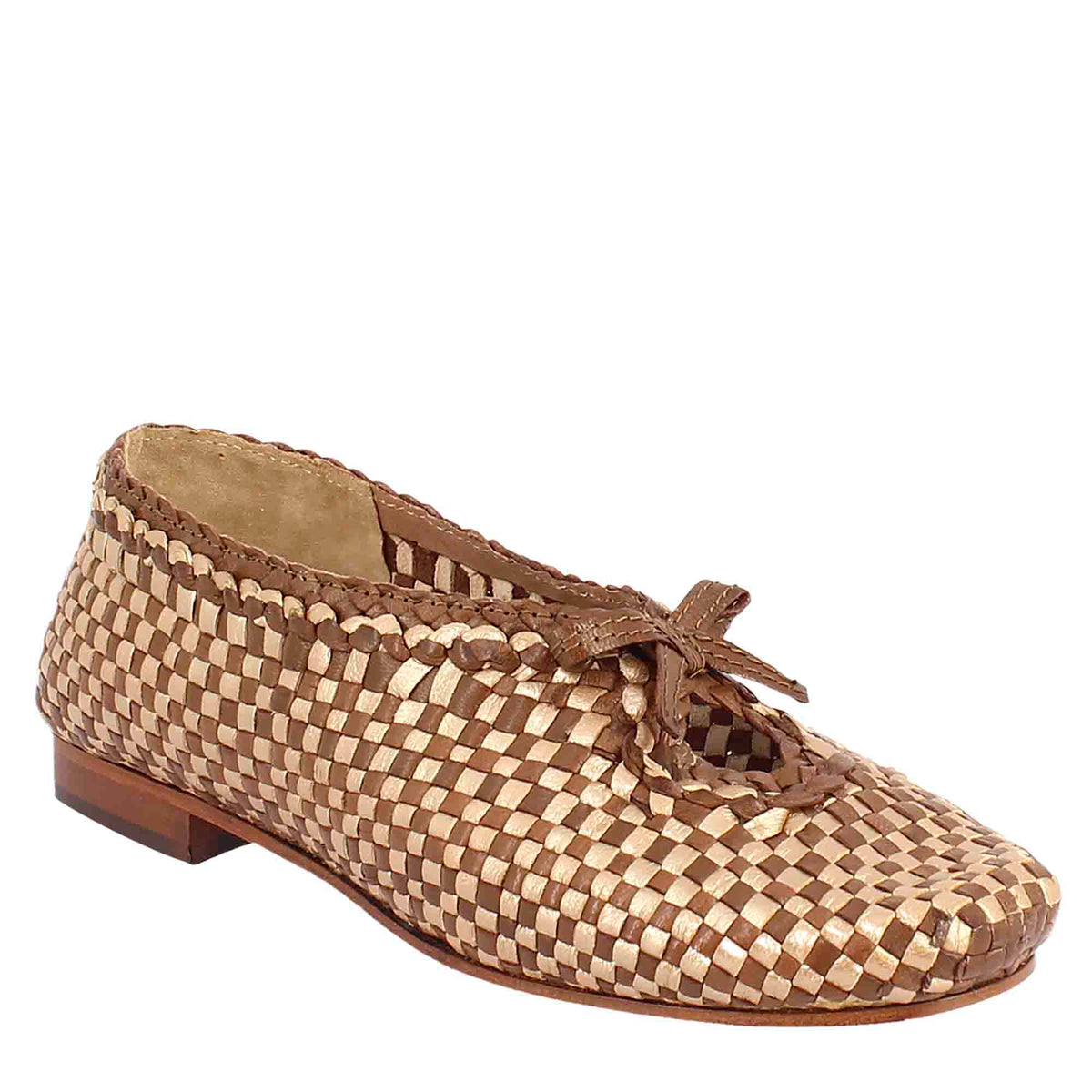 Women's handmade slip-on loafers in brown and gold braided leather