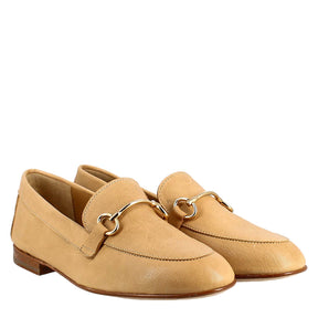 Mocassin pour femme en cuir beige avec mors doré