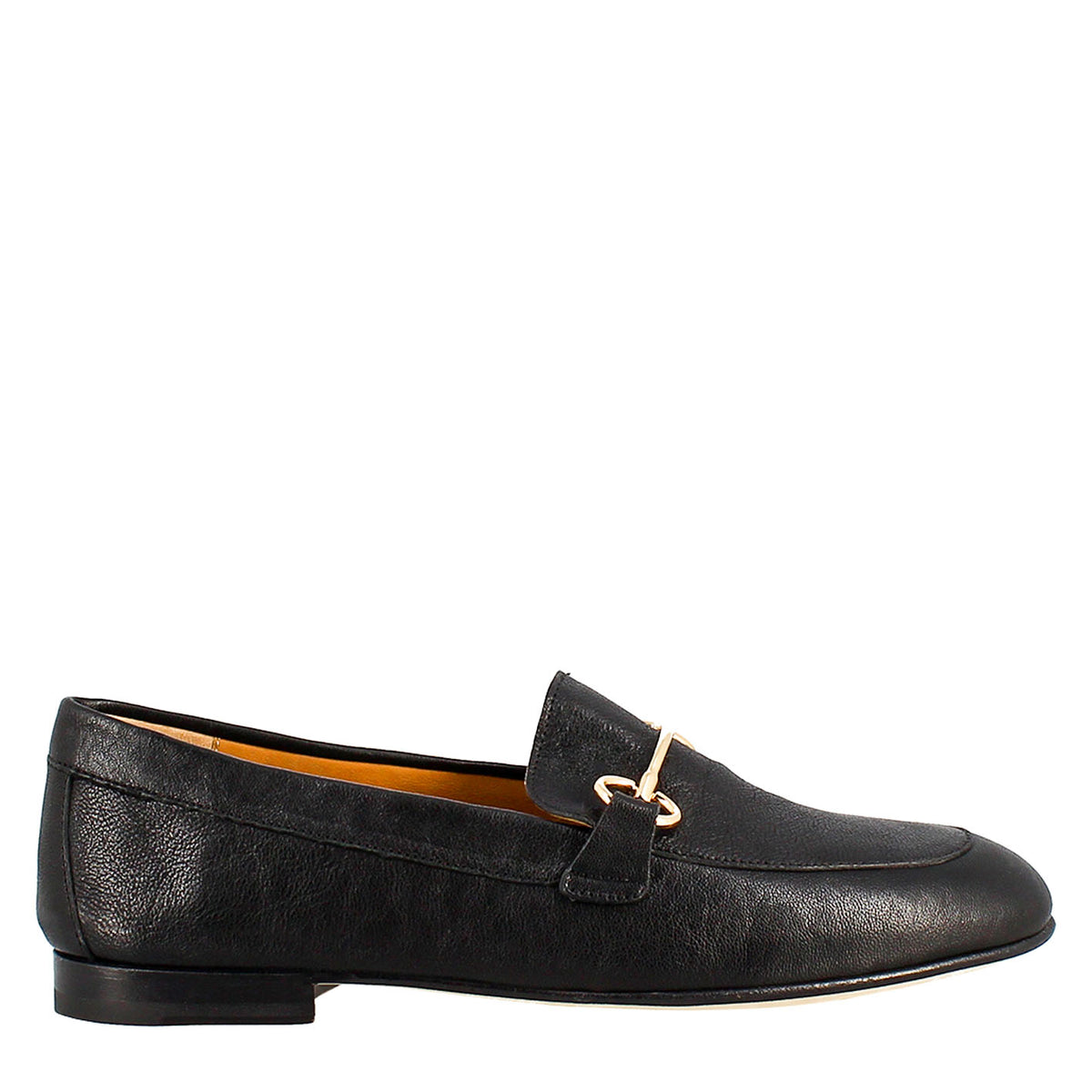 Women's moccasin in black leather with gold clamp