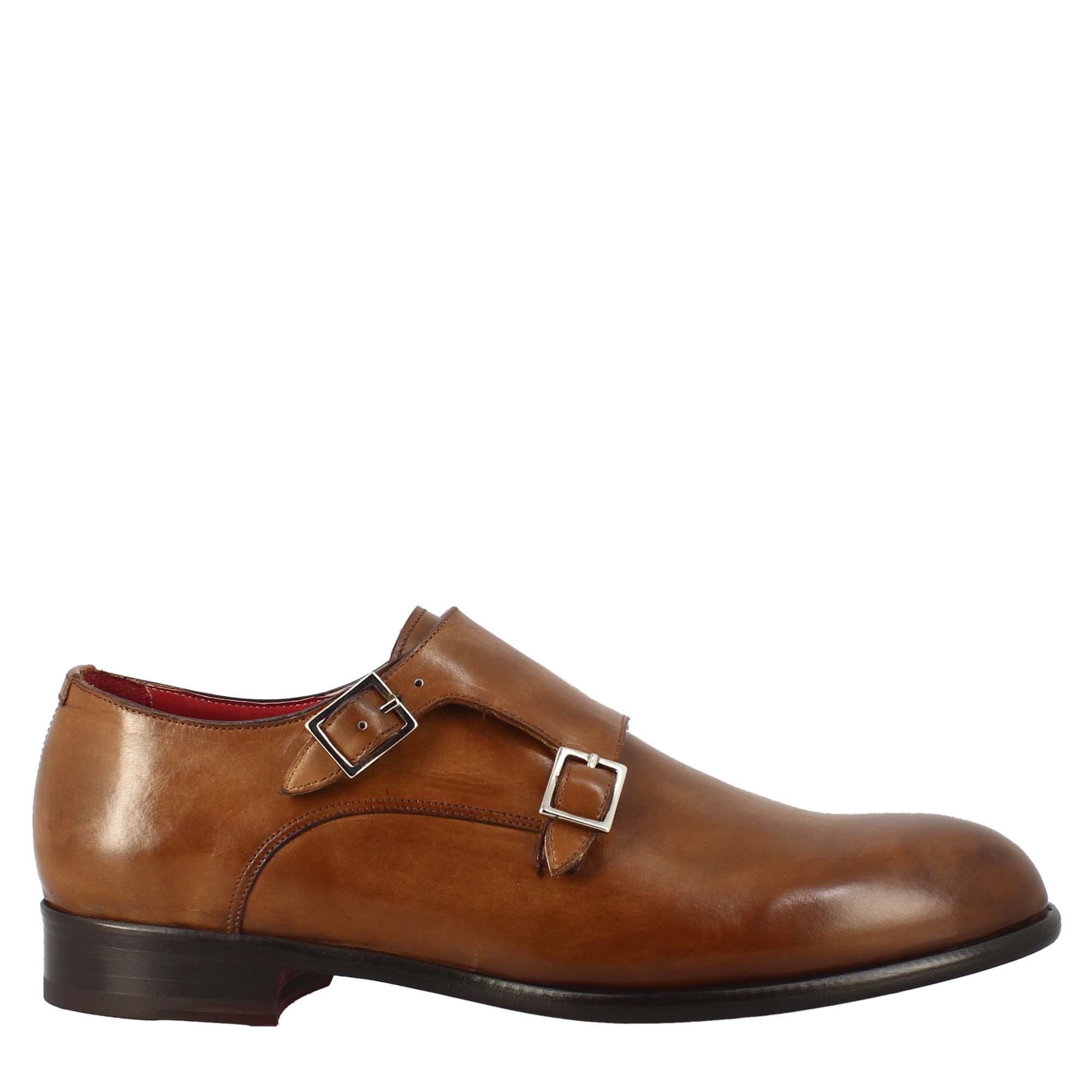 Scarpa doppia fibbia da uomo in pelle marrone siena - LeonardoShoes