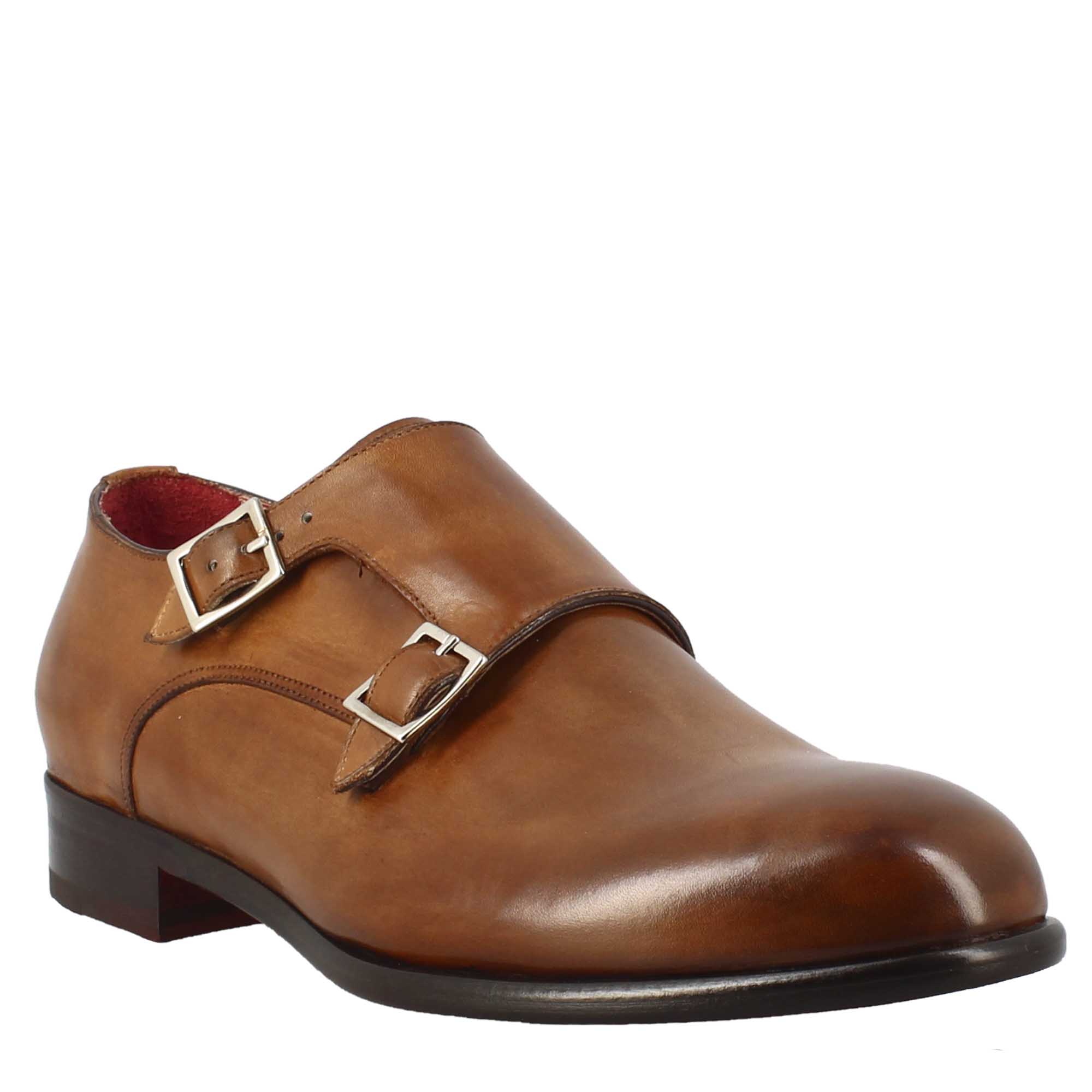 Scarpa doppia fibbia da uomo in pelle marrone siena - LeonardoShoes