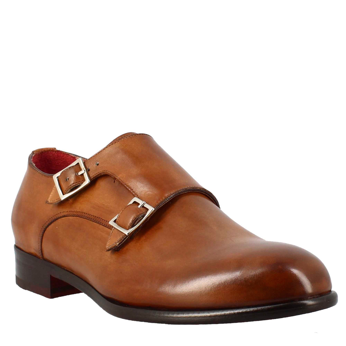 Men's double buckle shoe in sienna brown leather