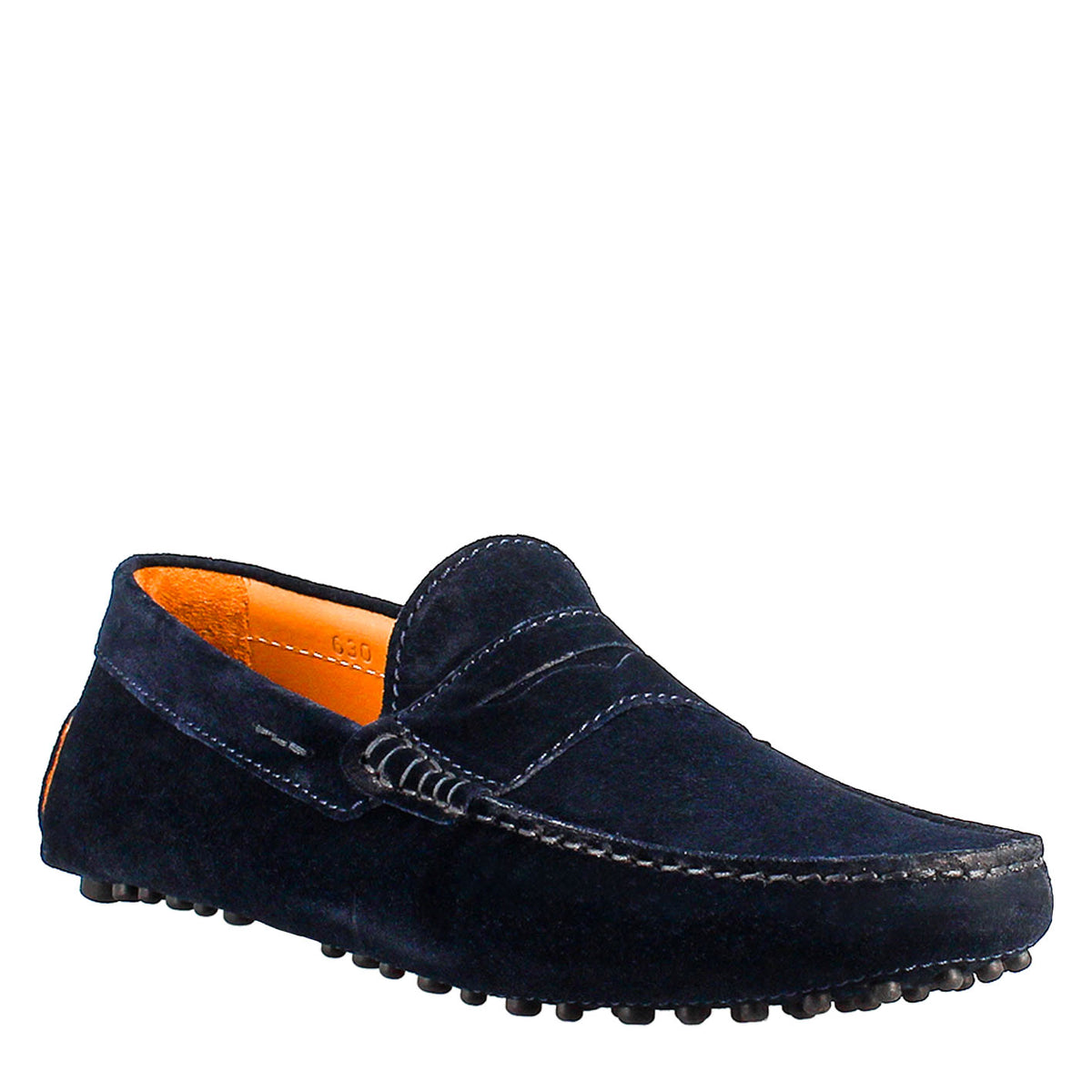 Mocassins carshoe pour hommes faits à la main en cuir suédé bleu.