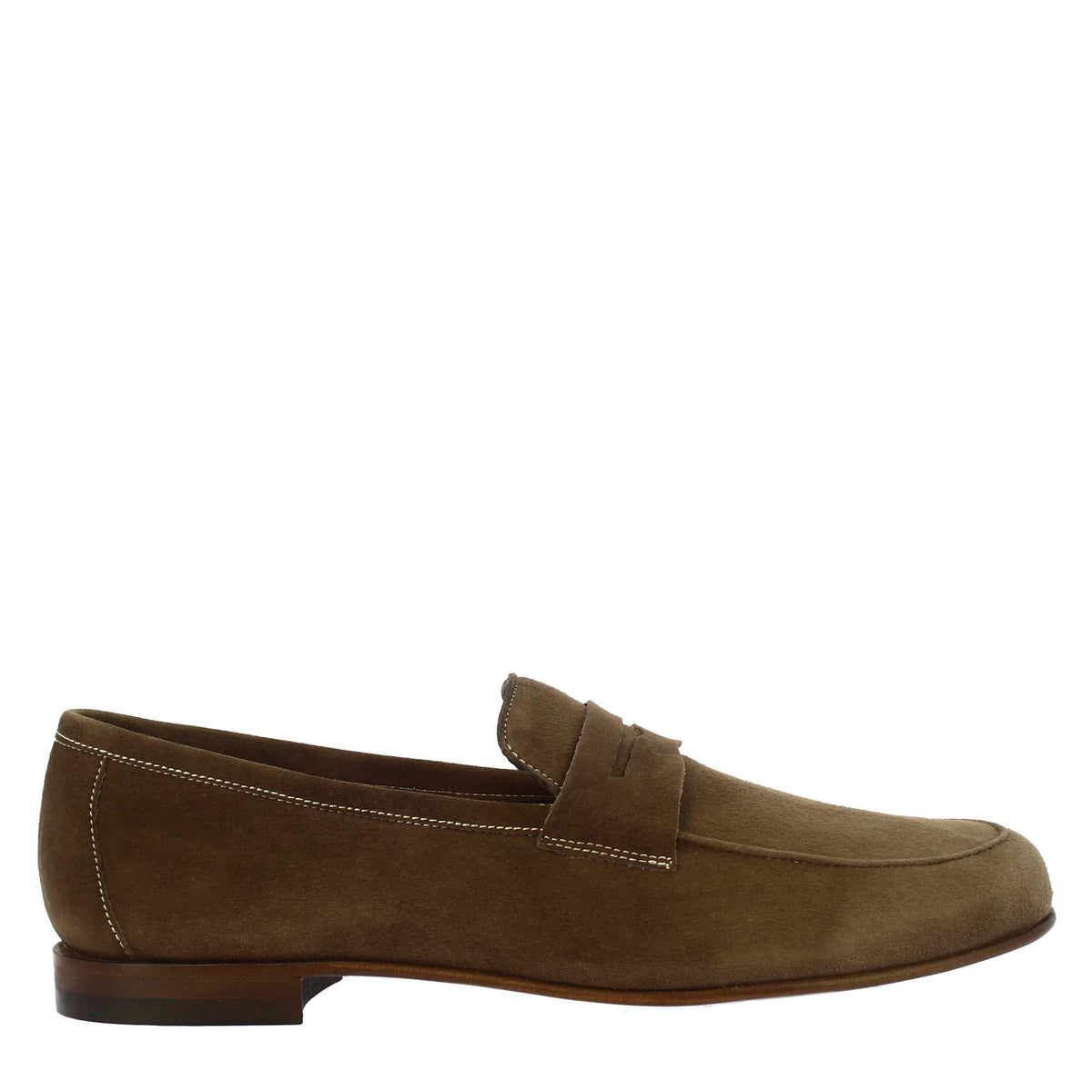 Handmade men's slip-on loafers in taupe suede leather