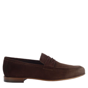 Men's handmade slip-on loafers in dark brown suede leather