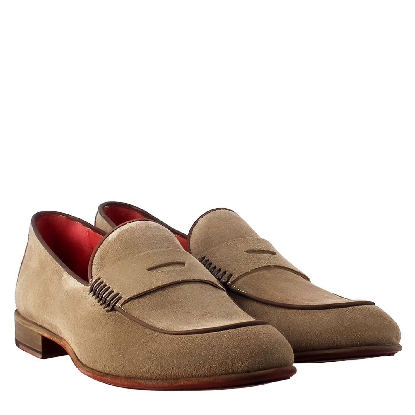 Elegant gray men's moccasin in suede leather
