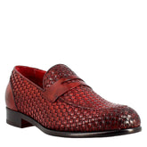 Elegant red moccasin for men in woven full grain leather