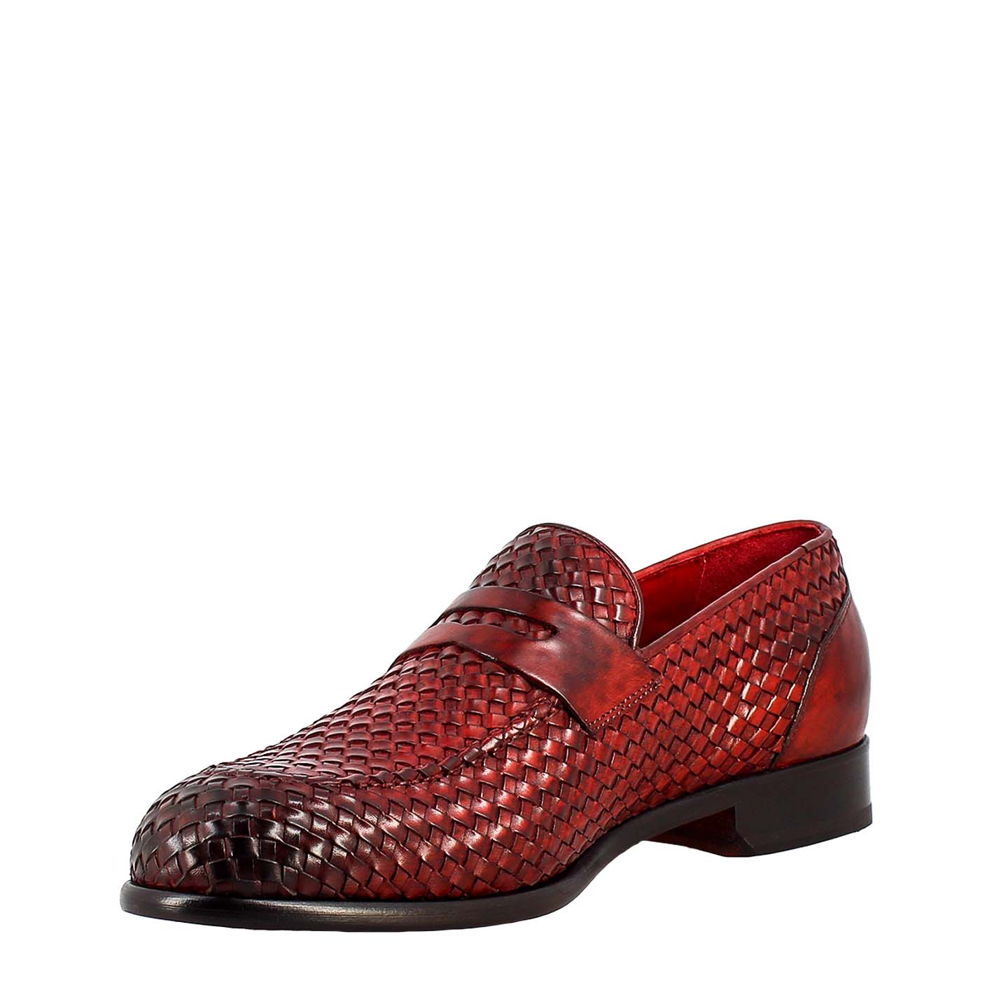 Elegant red moccasin for men in woven full grain leather