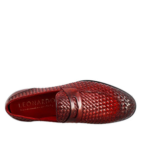 Elegant red moccasin for men in woven full grain leather