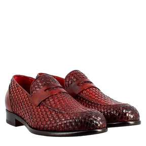 Mocassino rosso elegante da uomo in pelle fiore intrecciata