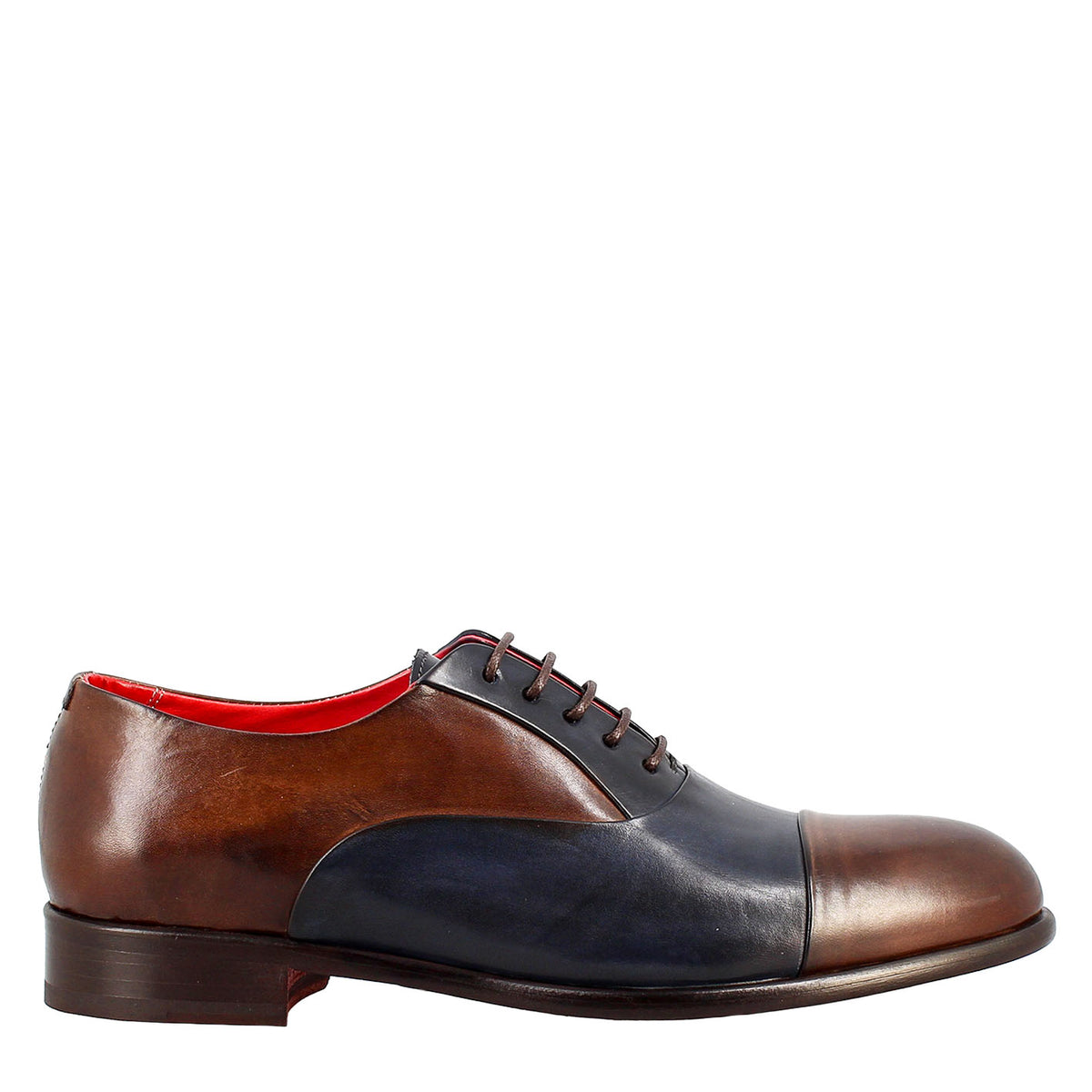 Dark brown and blue elegant men's oxford in leather and red lining