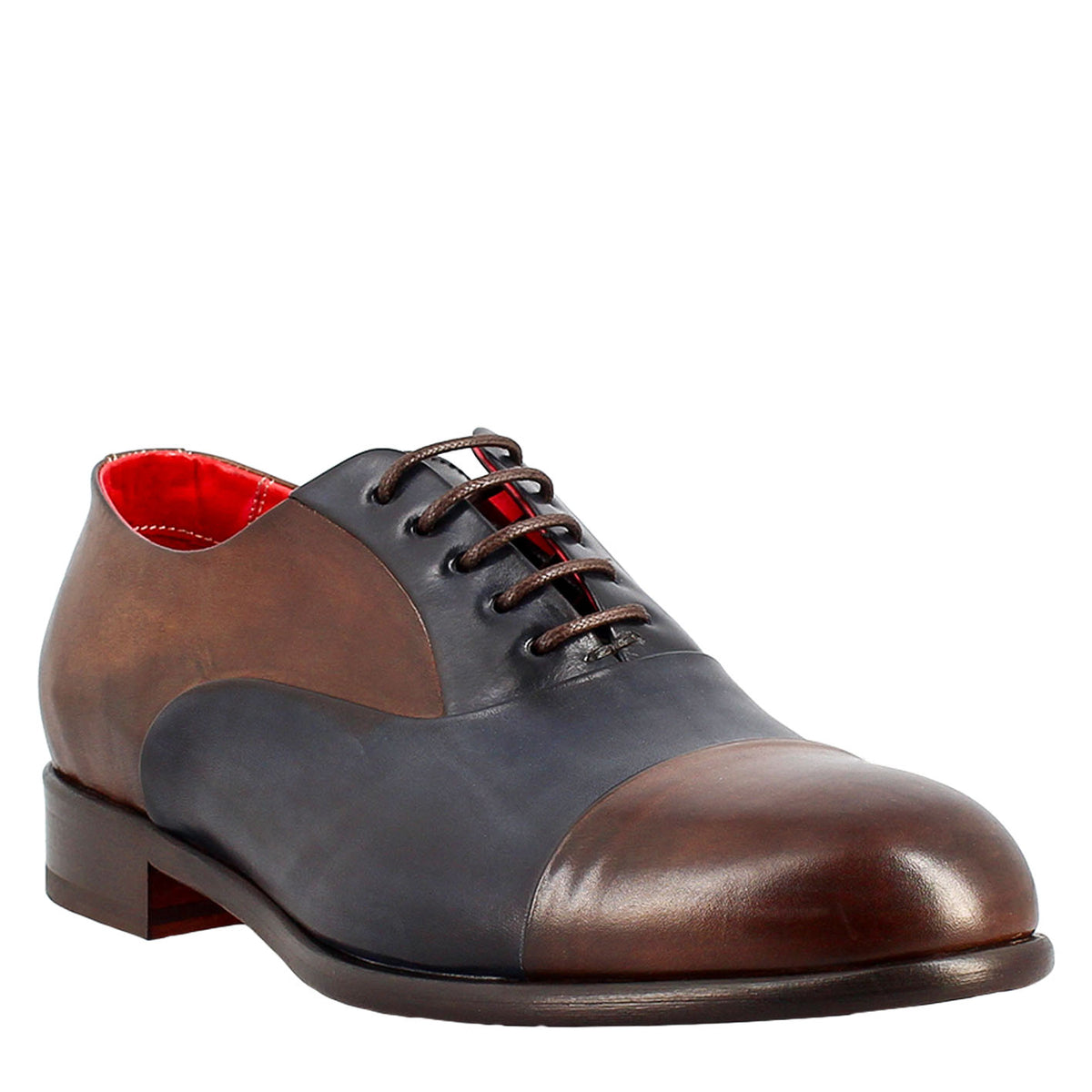 Richelieu homme l gant marron fonc et bleu en cuir et doublure rouge