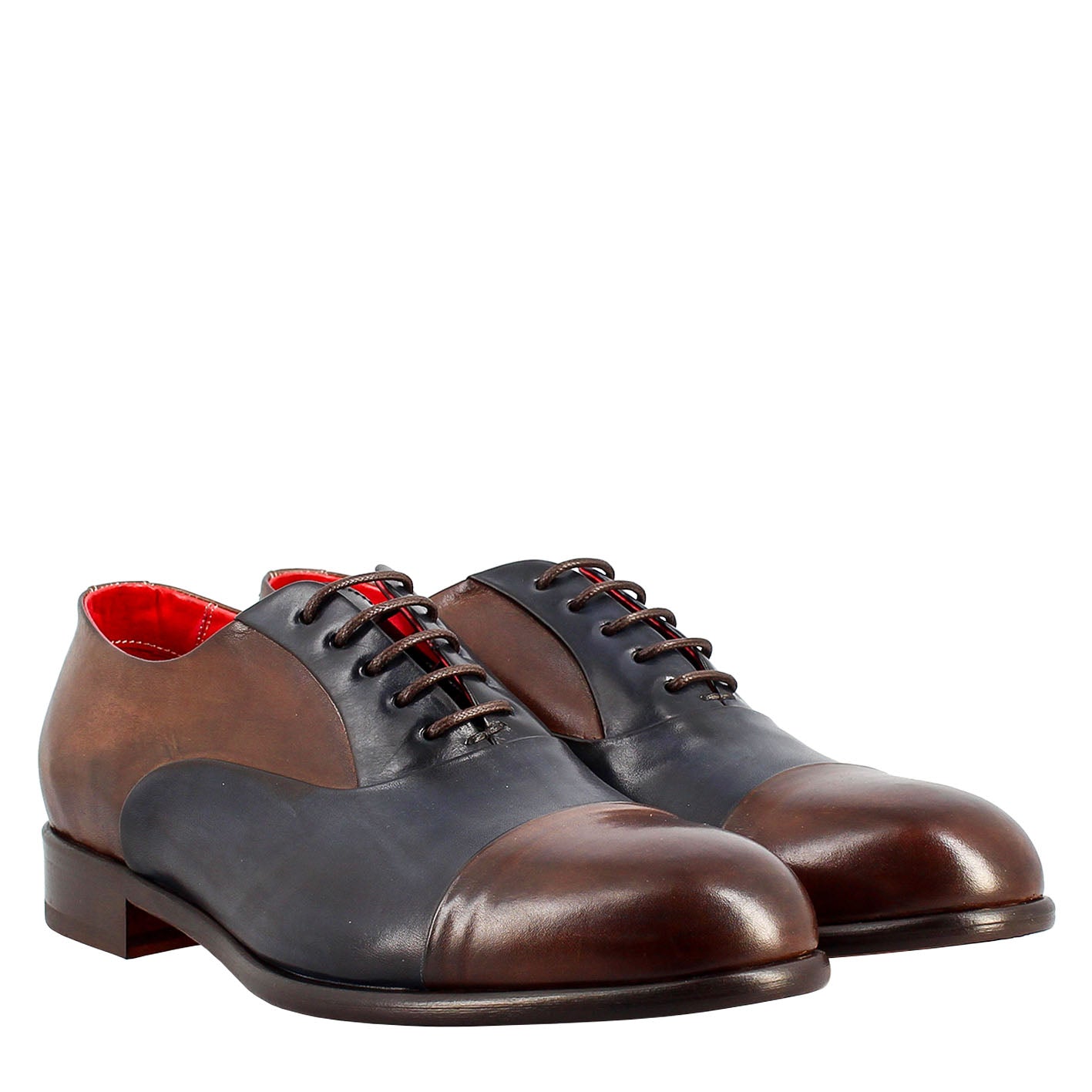 Dark brown and blue elegant men's oxford in leather and red lining
