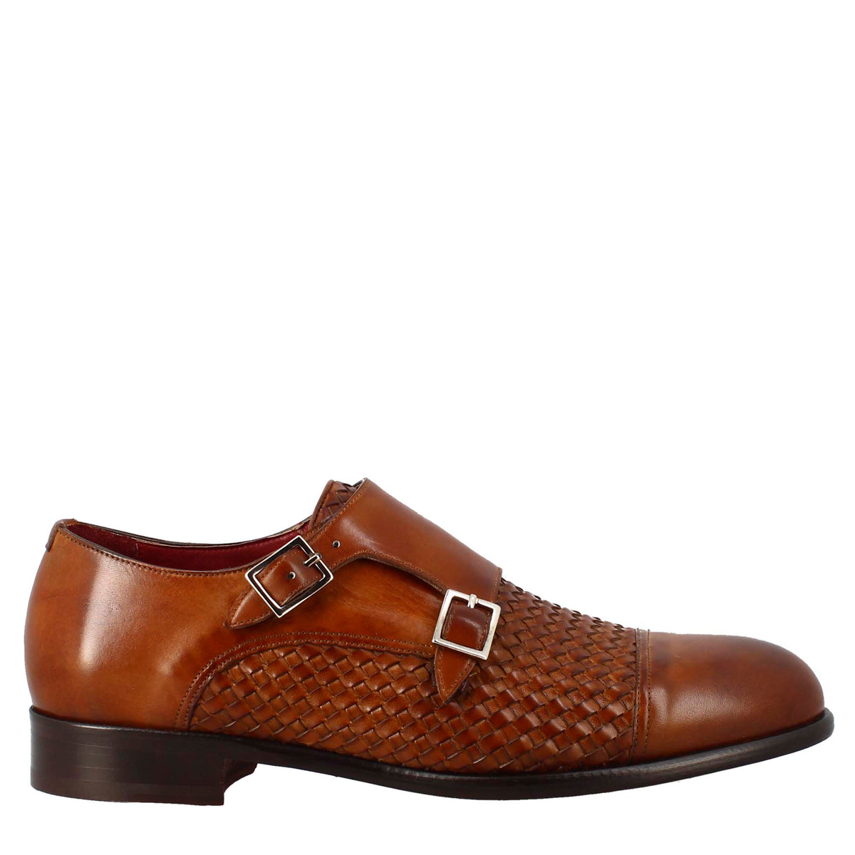 Men's double buckle shoe in sienna brown woven leather