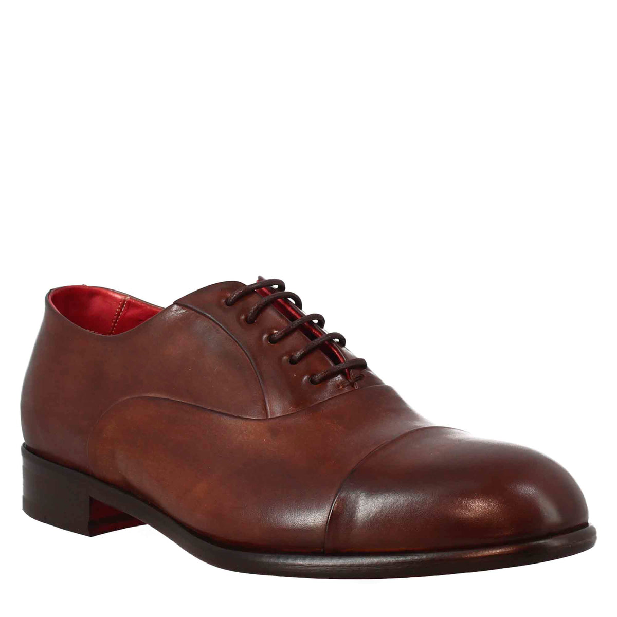 Men's elegant dark brown oxford in leather and red lining 