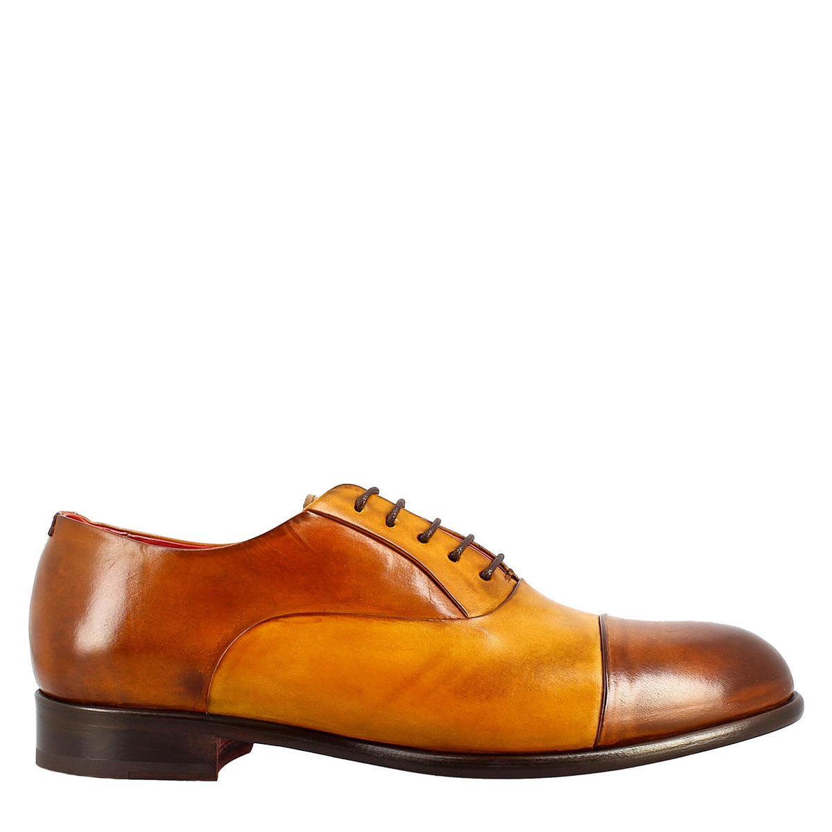 Elegant men's brown and yellow oxford in leather and red lining