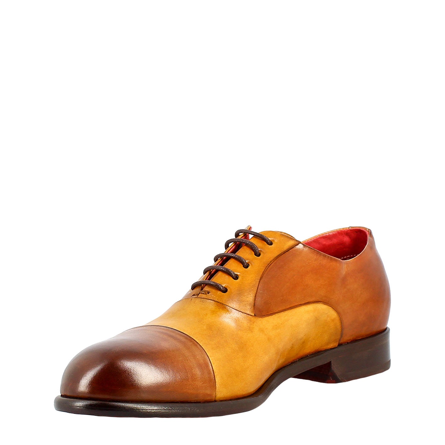 Elegant men's brown and yellow oxford in leather and red lining