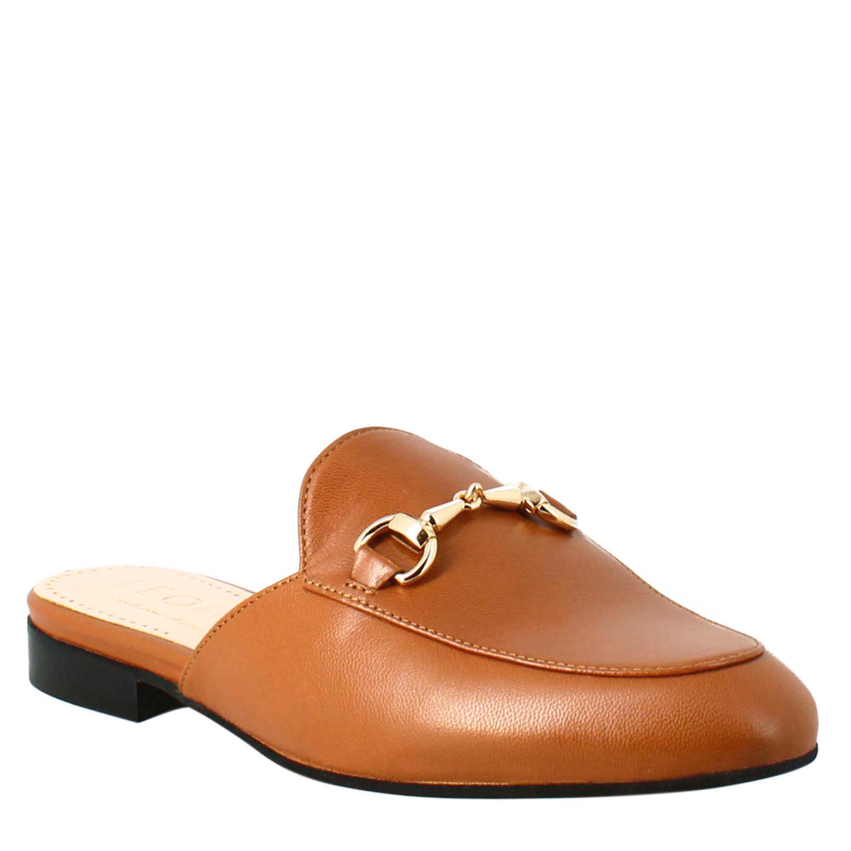 Brown sabot with golden buckle and leather sole