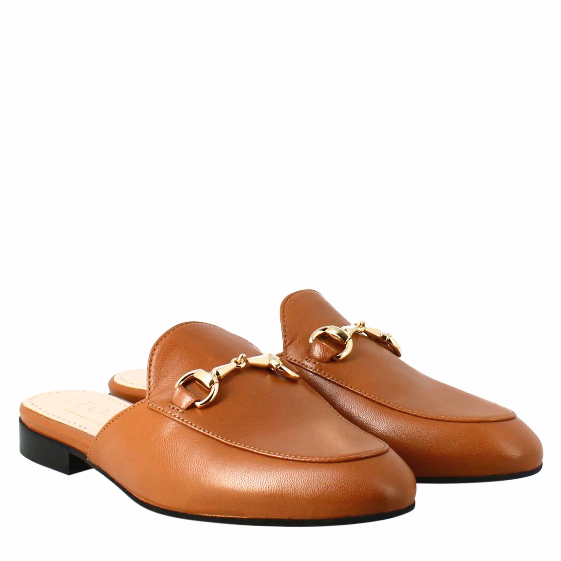 Brown sabot with golden buckle and leather sole