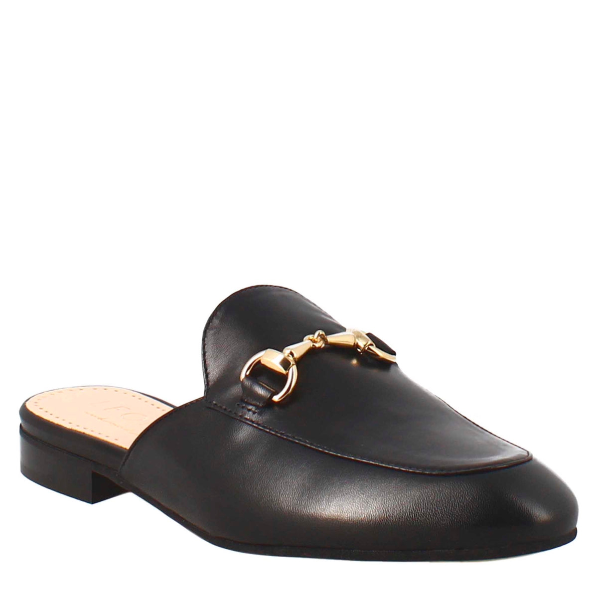 Scarpe mules con morsetto da donna artigianali in pelle color nero. - LeonardoShoes