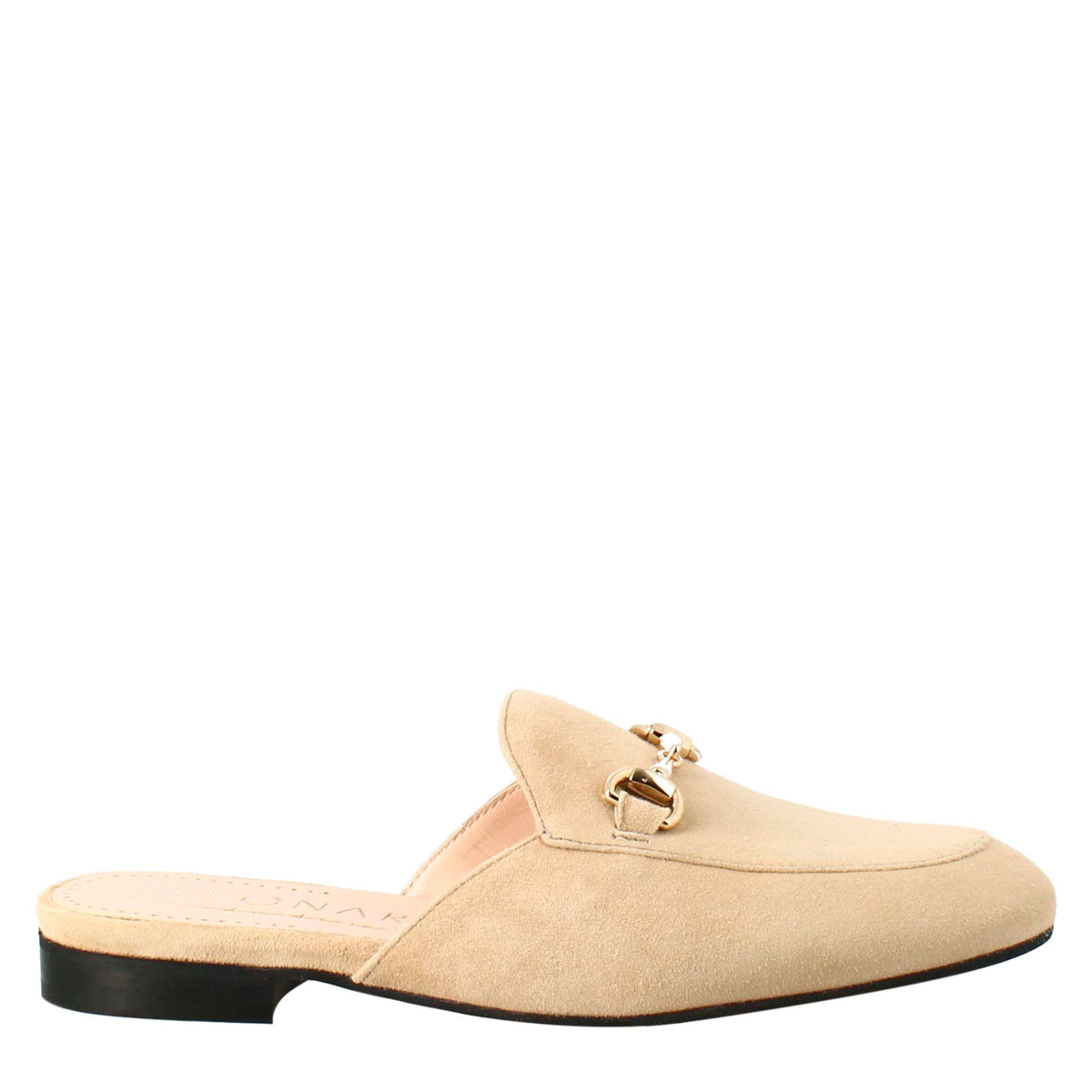 Sabot da donna in pelle scamosciata beige con fibbia oro