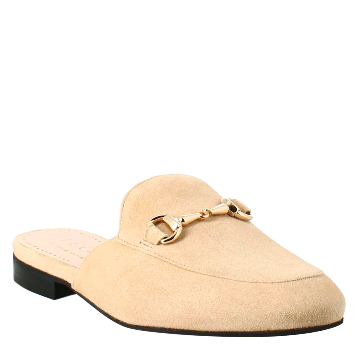 Woman's mules in beige suede with gold buckle