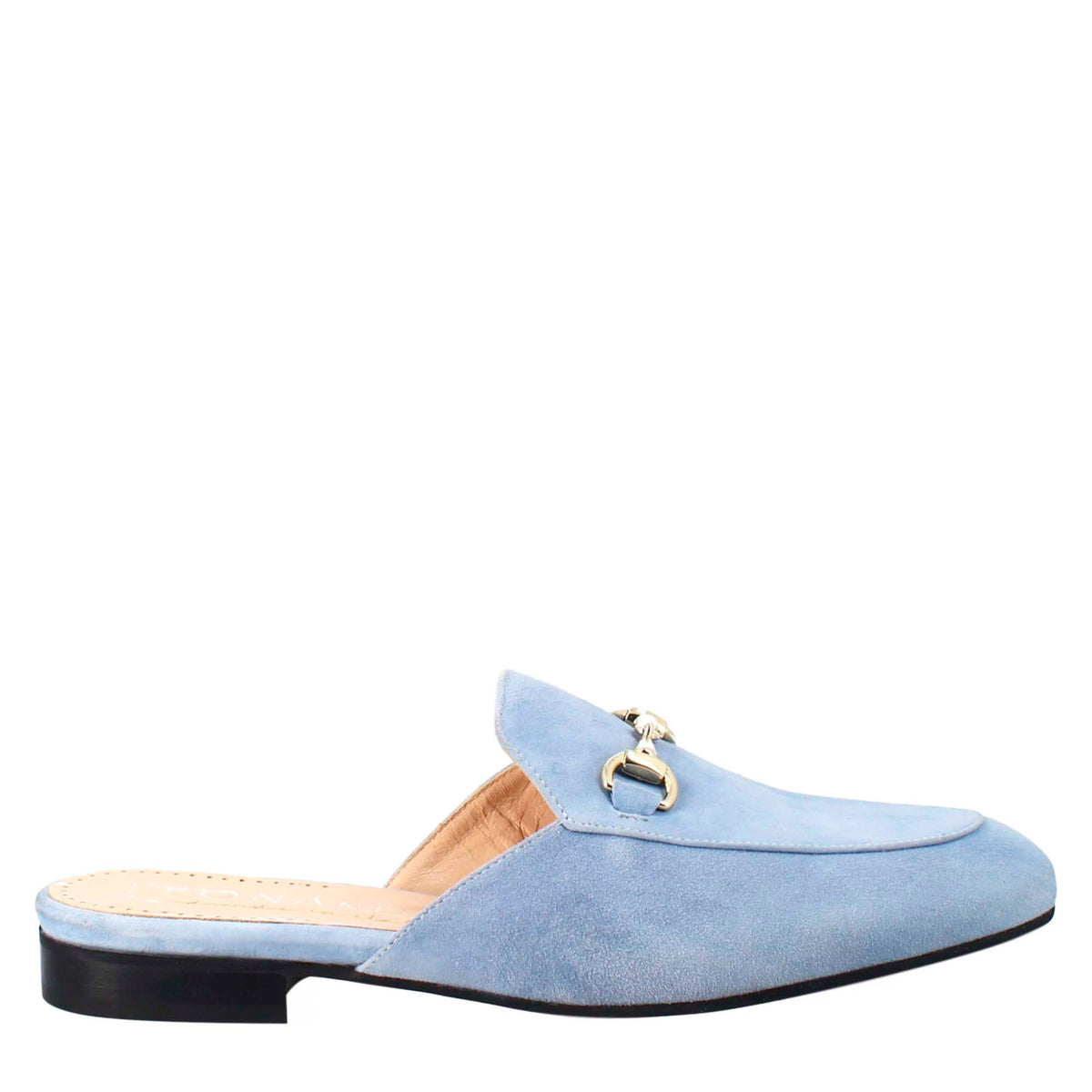 Women's sabot in light blue suede with gold buckle