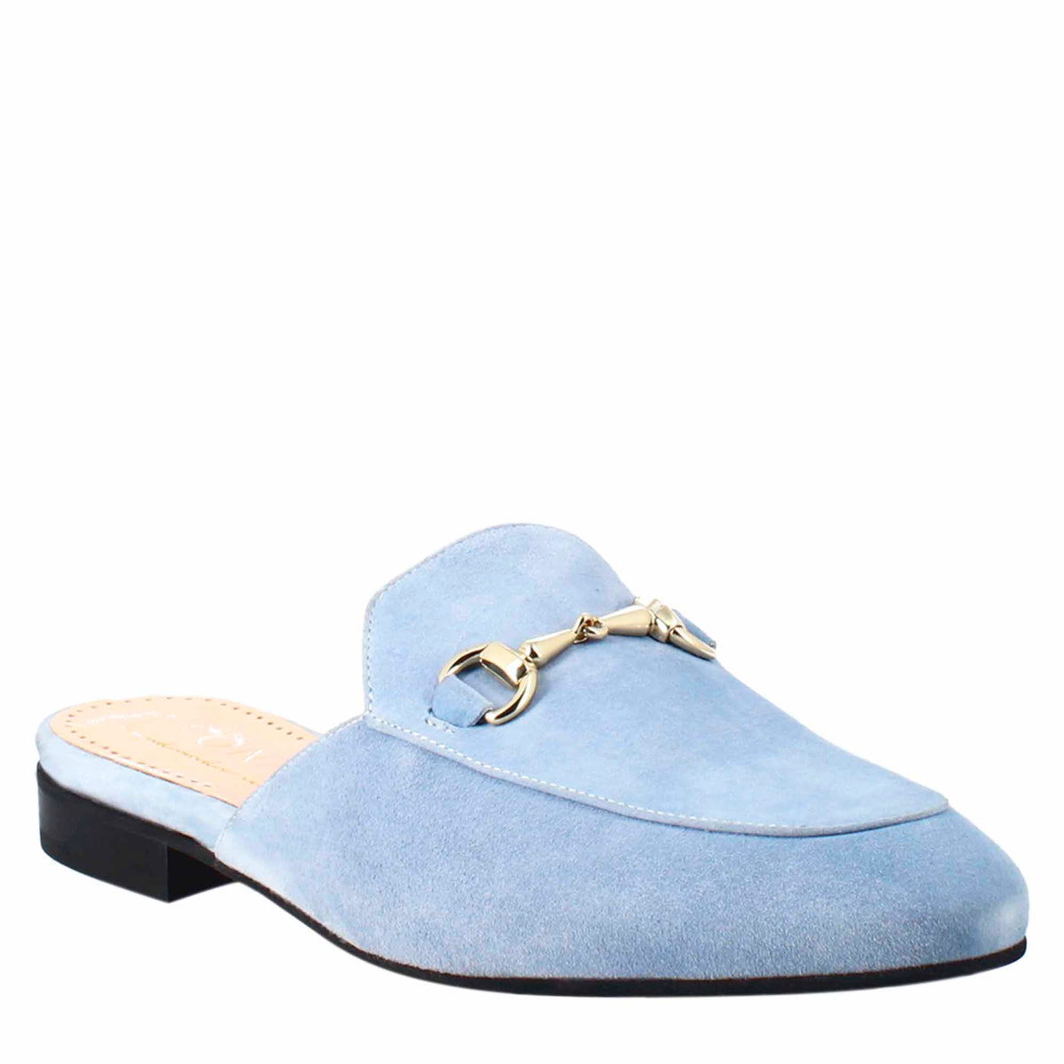 Women's sabot in light blue suede with gold buckle