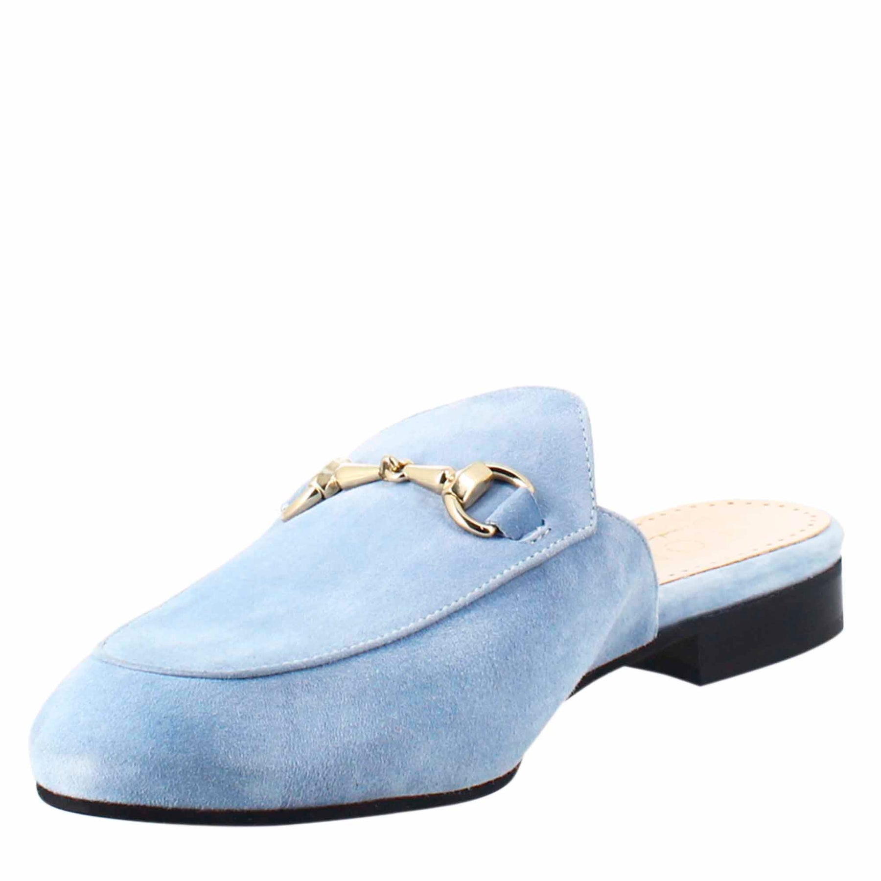 Women's sabot in light blue suede with gold buckle
