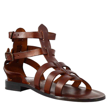 Sandali alla caviglia da donna stile romano in pelle marrone - LeonardoShoes