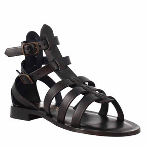 Sandali alla caviglia da donna stile romano in pelle colore nero