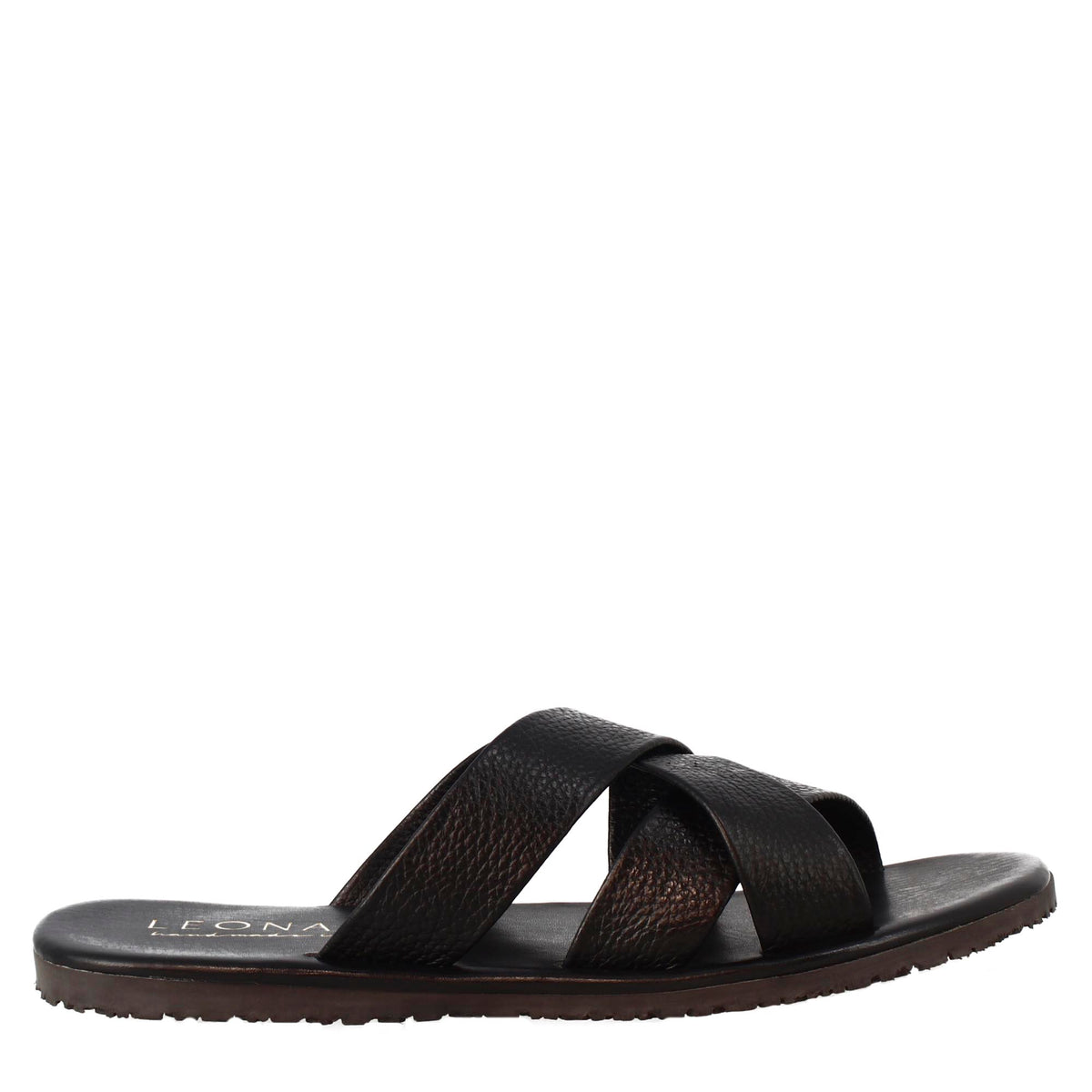 Men's slipper sandals with three crossed bands handmade in black leather