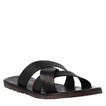 Sandali da uomo ciabatta con tre fasce incrociate fatti a mano in pelle nera - LeonardoShoes