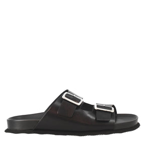 Men's black double buckle sandals in leather open on the back