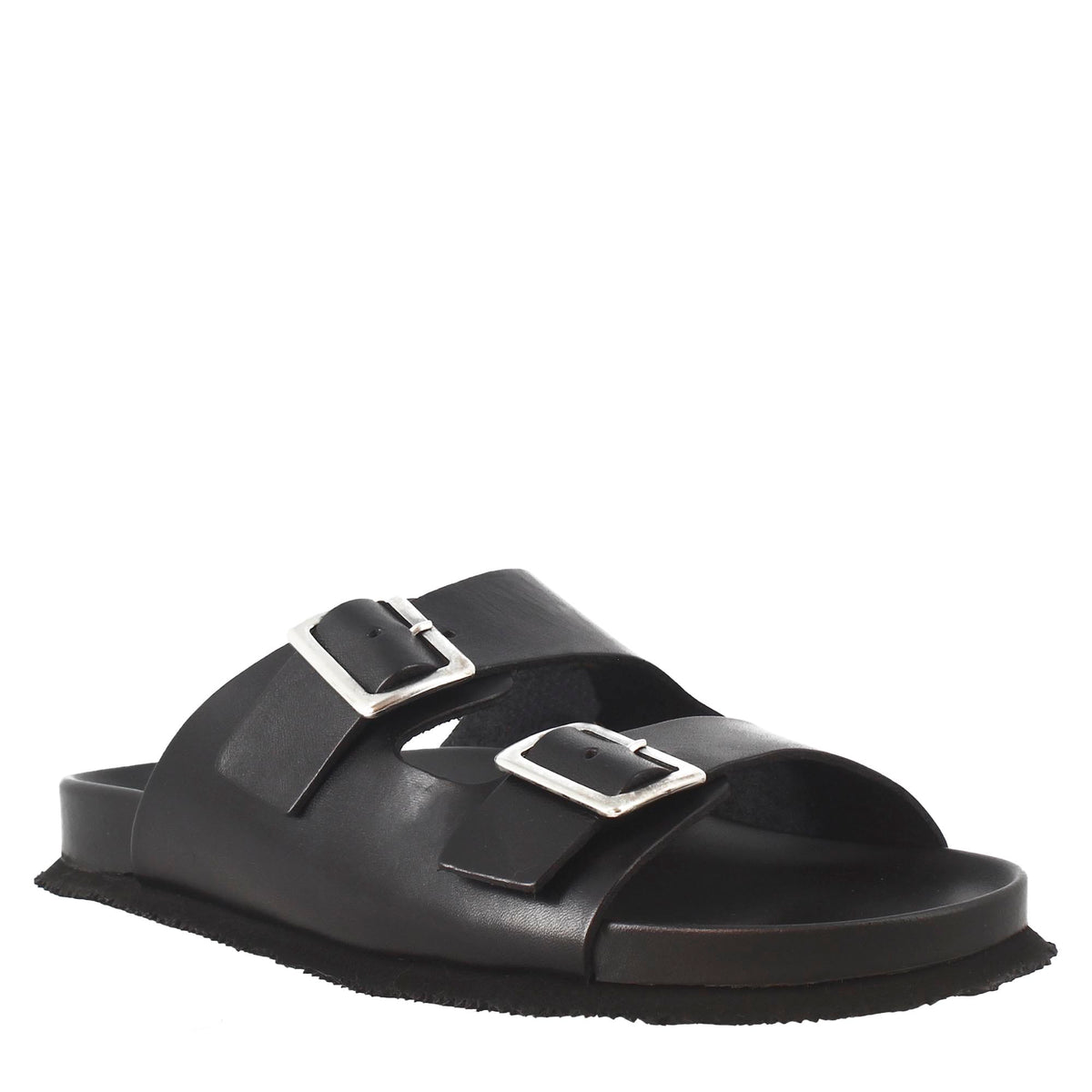 Men's black double buckle sandals in leather open on the back
