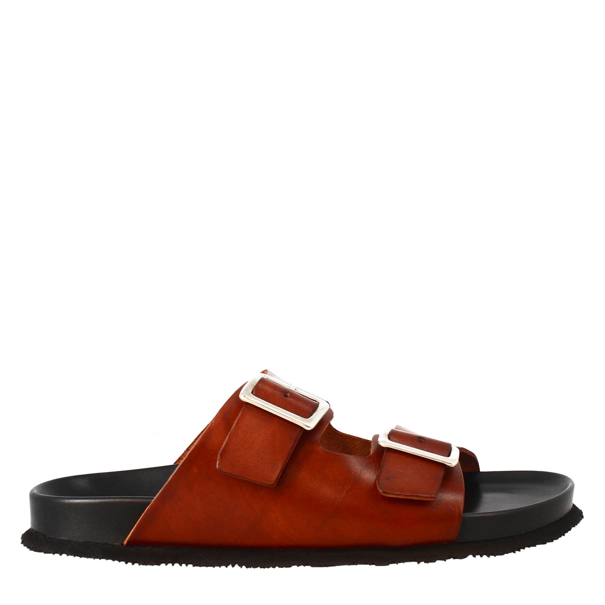 Brown double buckle sandals for men in leather open on the back