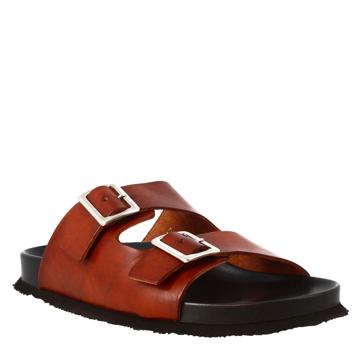 Brown double buckle sandals for men in leather open on the back